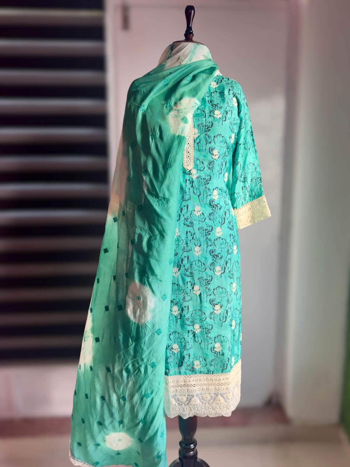 Serene Waves – Muted Aqua Viscose Silk 3-Piece Kurti Set