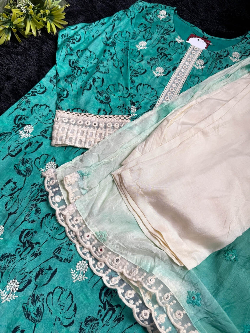 Serene Waves – Muted Aqua Viscose Silk 3-Piece Kurti Set