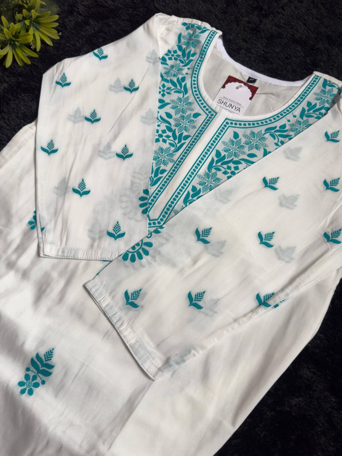 White Silk Kurti Set with Teal Embroidery & Dupatta (3-Piece)