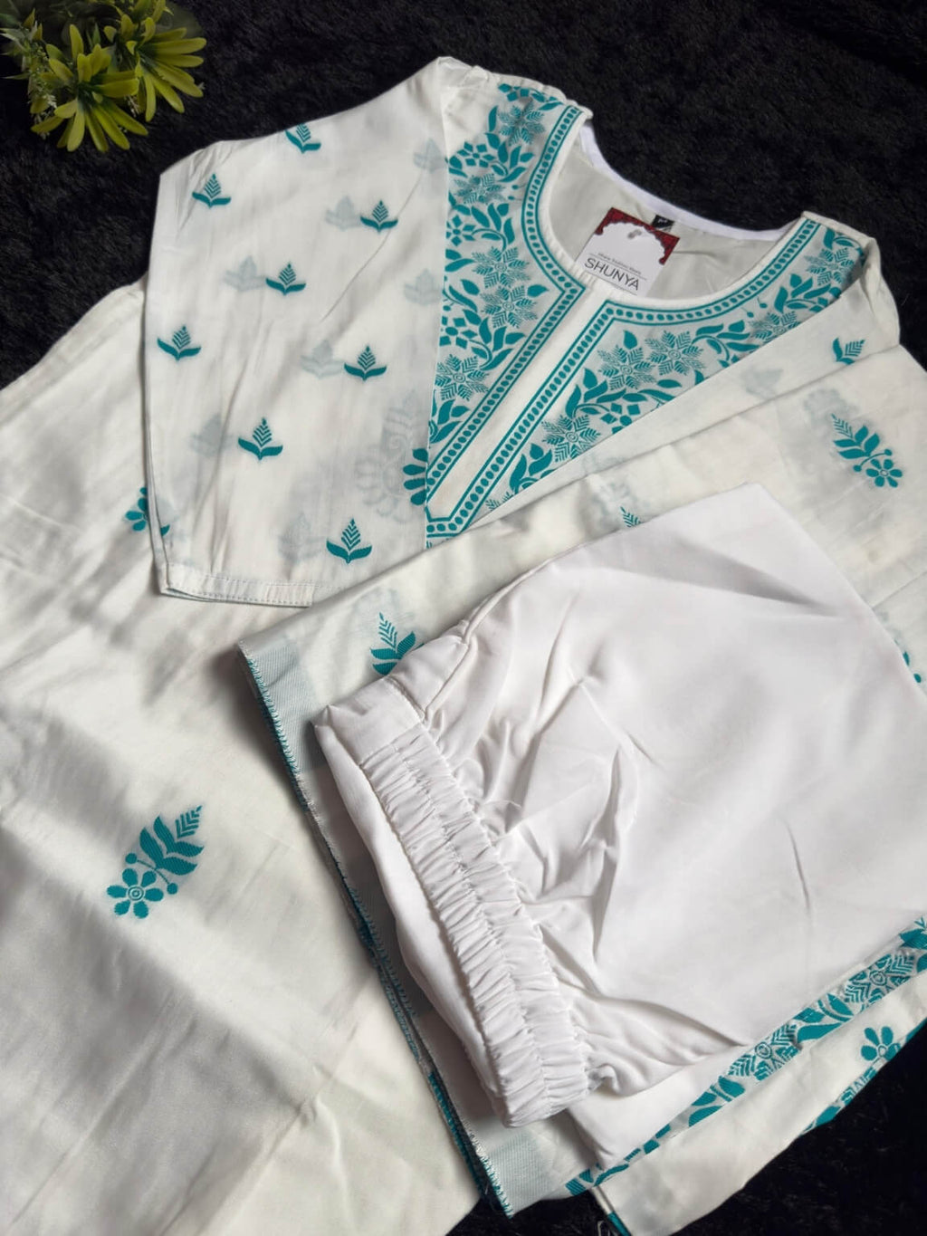 White Silk Kurti Set with Teal Embroidery & Dupatta (3-Piece)