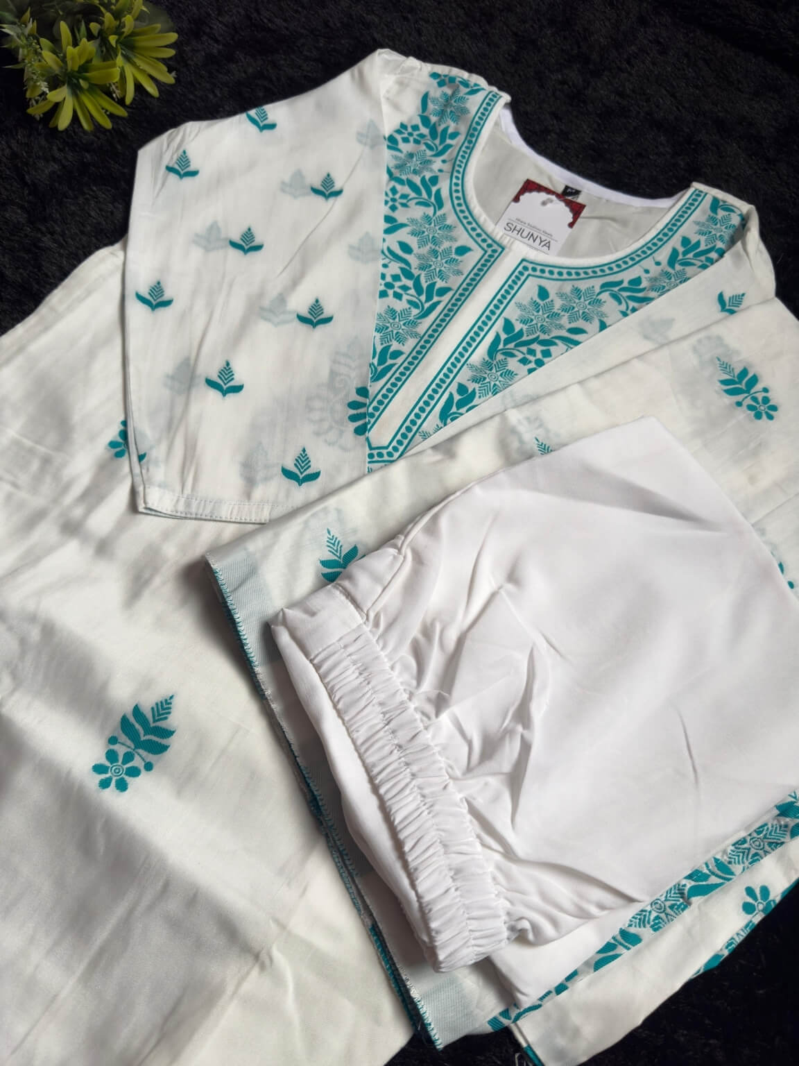 White Silk Kurti Set with Teal Embroidery & Dupatta (3-Piece)