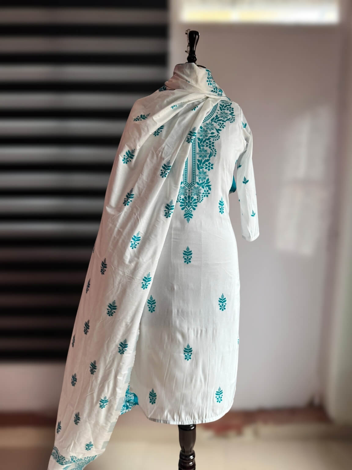 White Silk Kurti Set with Teal Embroidery & Dupatta (3-Piece)