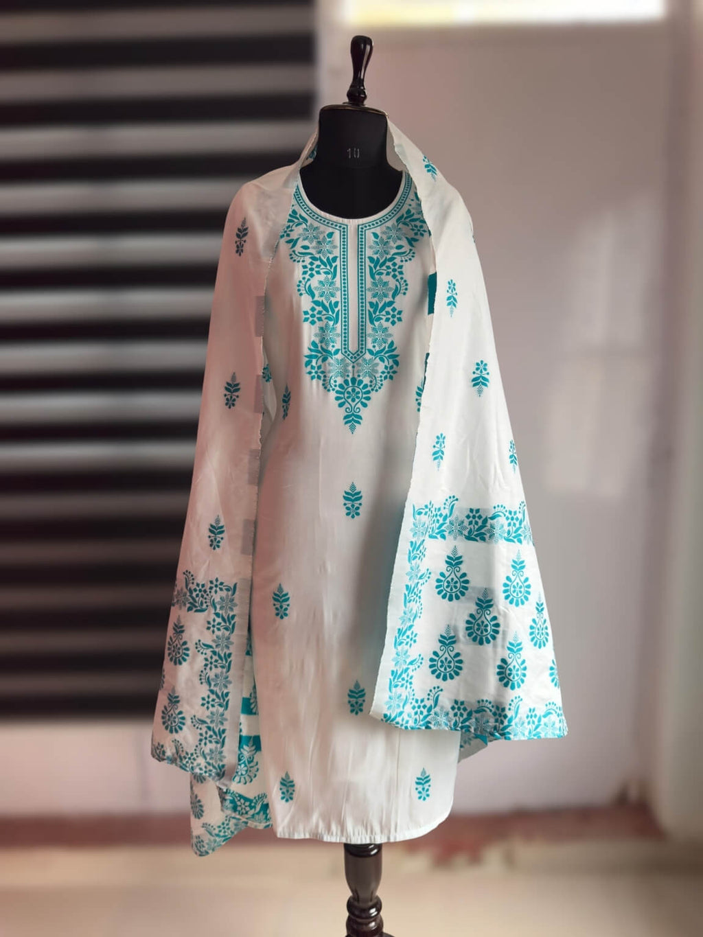 White Silk Kurti Set with Teal Embroidery & Dupatta (3-Piece)