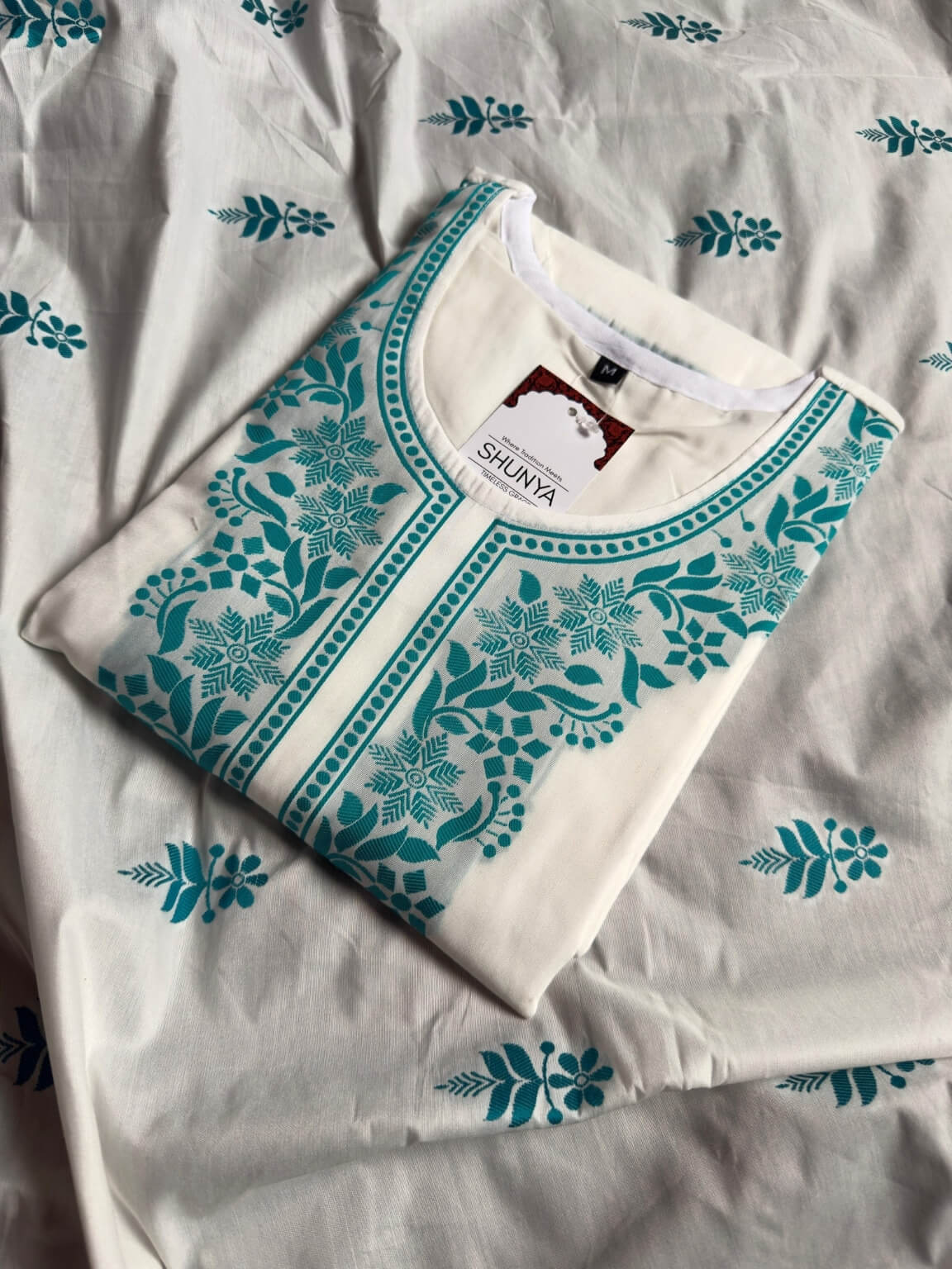 White Silk Kurti Set with Teal Embroidery & Dupatta (3-Piece)